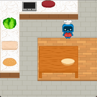 Gif showing the robot making a burger with a patty and a lettuce in Robotouille simulator