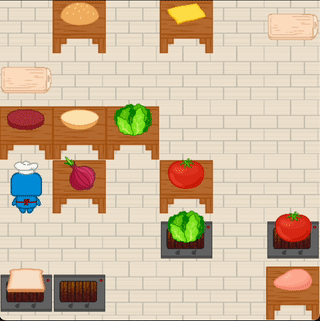 Gif showing the robot making a burger with a patty and a lettuce and a tomato in Robotouille simulator